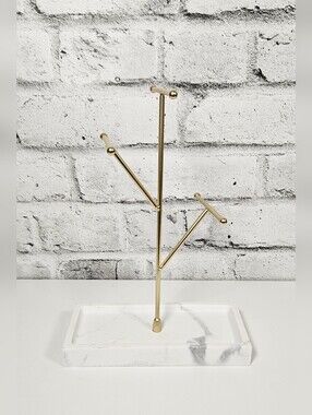 Gold Tone Jewelry Tree Organizer with Marble Look Tray Ring Holder
